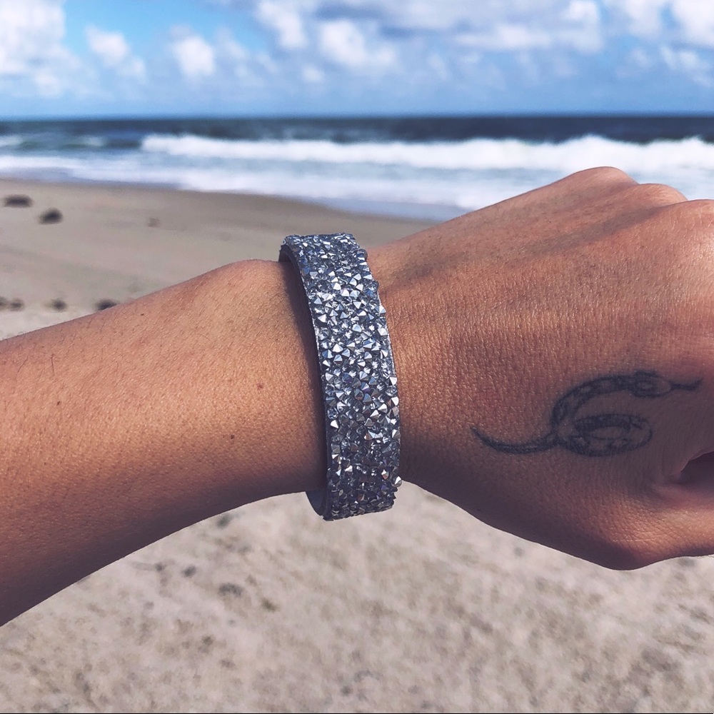 Silver faux leather crystals encrusted bracelet
